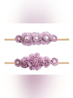 Light Purple Set Of 2 Nude Nylon Flowers And Pearls Baby Newborn Headbands